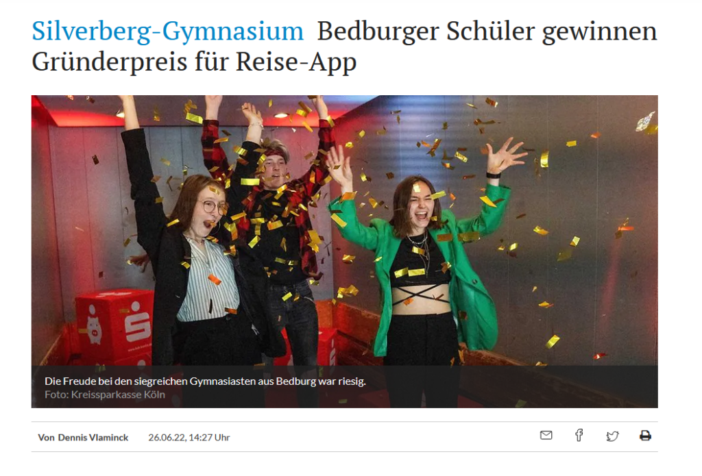 Bedburger Schüler gewinnen Gründerpreis für Reise-App, KStA, 26.06.2022