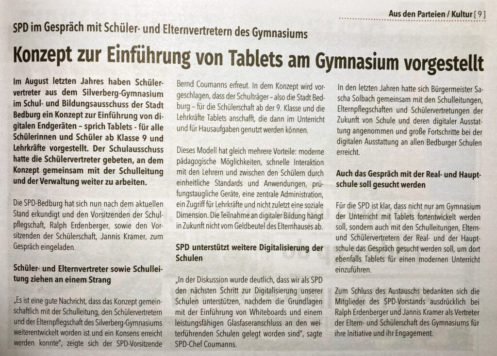 Konzept zur Einführung von Tablets am Gymnasium vorgestellt, Bedburger Nachrichten, Nr. 2, 03.02.2024